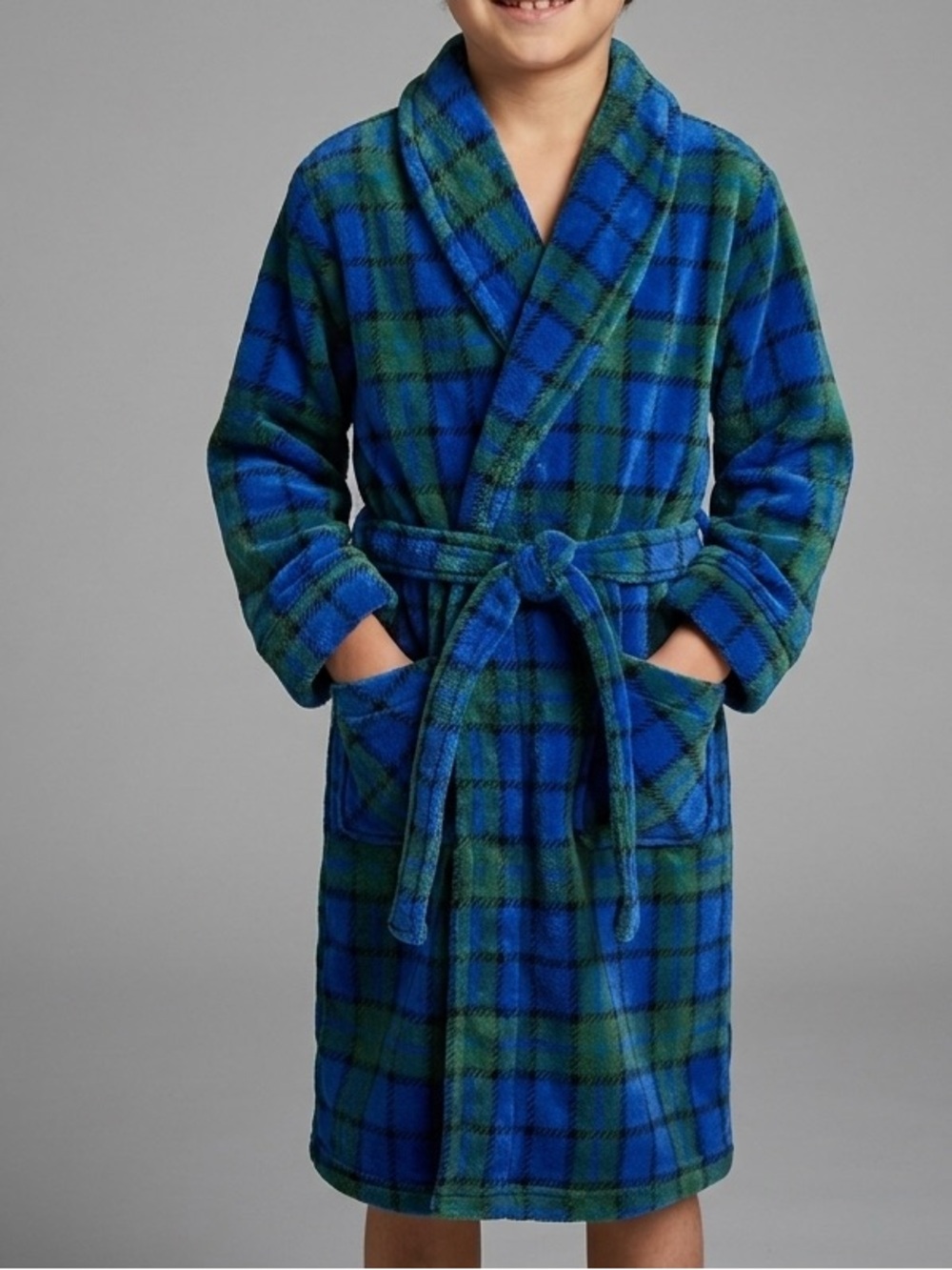 Chill Chasers by Cuddl Duds Boys Blue Green Plaid Fleece Robe Size XL (14/16)